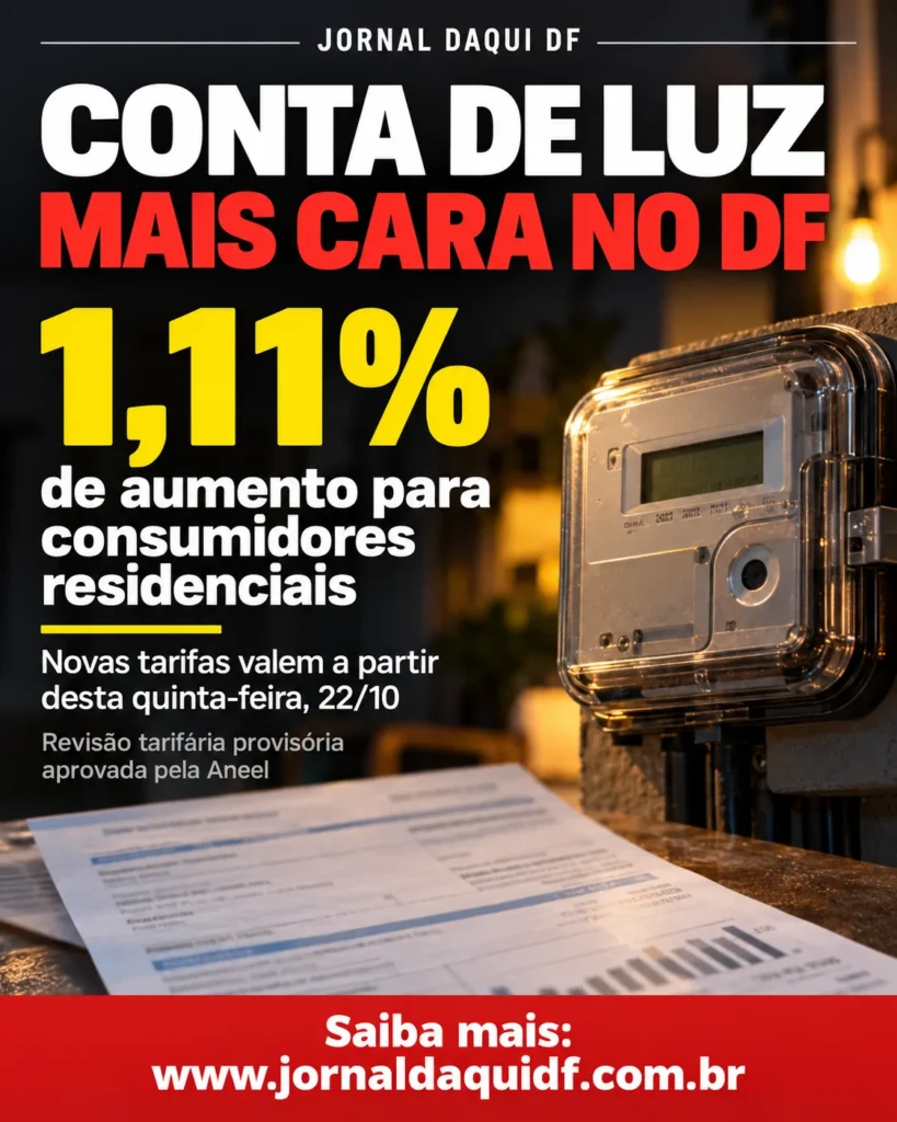 Conta de luz fica mais cara no DF nesta quinta-feira (22); alta residencial é de 1,11% Conta de luz fica mais cara no DF nesta quinta-feira (22); alta residencial é de 1,11%